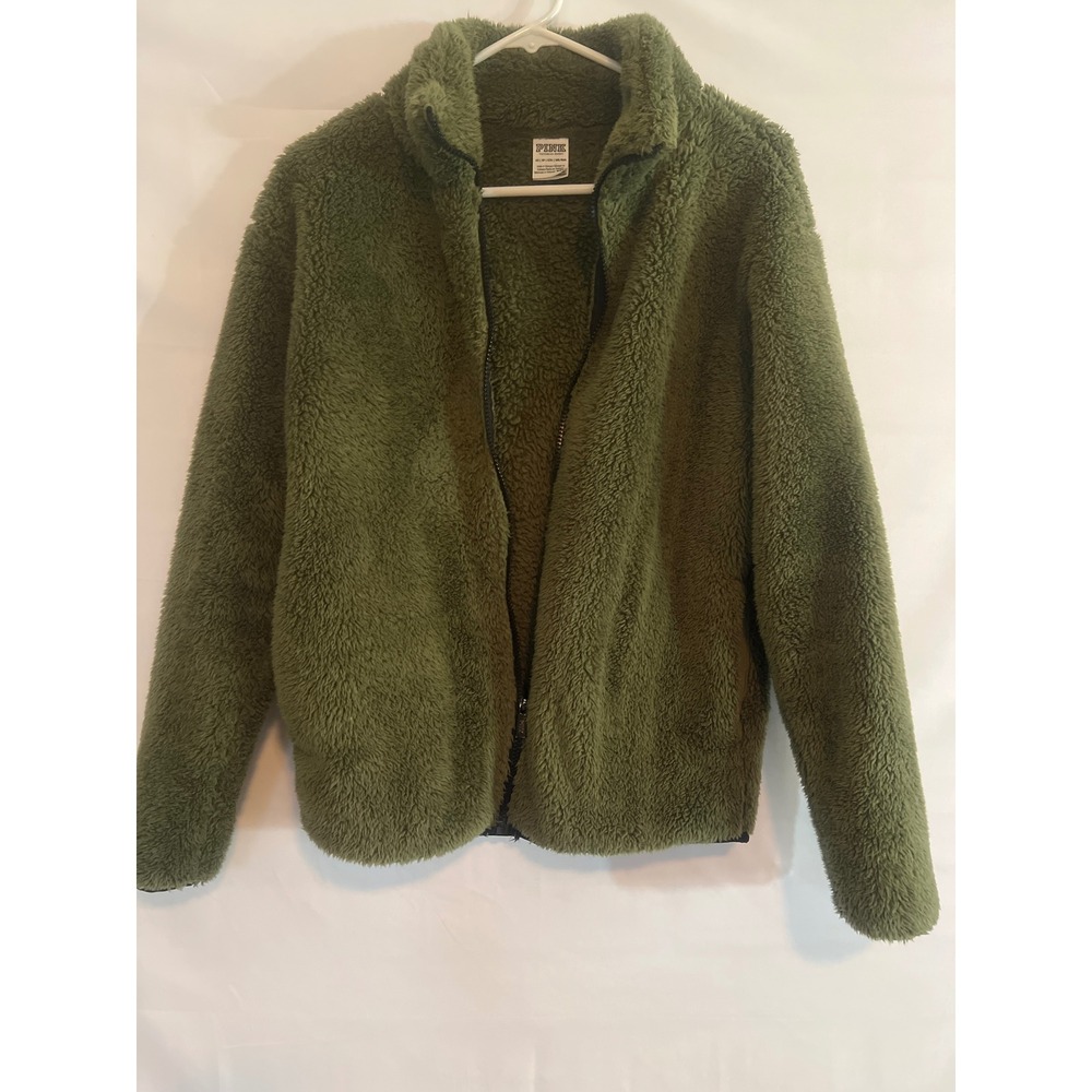 Victorias Secret PINK Teddy Fleece Jacket Olive Green Mock Neck Zip Up XS